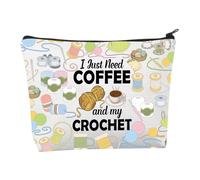 Trousse de maquillage au crochet avec inscription « I Just Need Coffee and My Crochet » - Cadeau amusant - Trousse de maquillage à tricoter, Trousse de maquillage pour chien, Mode