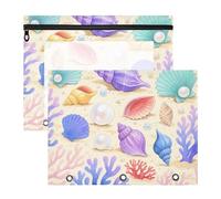 Trousse de maquillage avec 3 œillets renforcés - Sac de rangement pour classeur à 3 anneaux - Lot de 2 - Fournitures universitaires - Sous l'eau - Coquille d'animaux - Corail coloré - Dossier pour