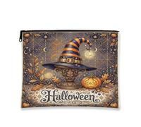 Trousse de maquillage avec citation d'Halloween - Chapeau de sorcière | Feuillage d'automne, trousse à cosmétiques, jack-o'-lantern, toile d'araignée mystique, piédestal vintage