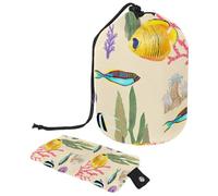 Trousse de maquillage avec cordon de serrage, en forme de tonneau, trousse de toilette pliable, organiseur de toilette poche de rangement pour femmes et filles - Monde marin, coraux, poissons, récifs,