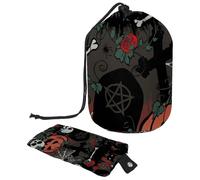 Trousse de maquillage avec cordon de serrage en forme de tonneau, trousse de toilette pliable, poche de rangement pour femmes et filles - Halloween tête de mort, citrouille, chat noir, tombe,