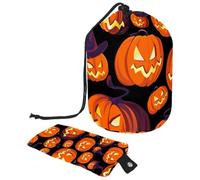 Trousse de maquillage avec cordon de serrage en forme de tonneau, trousse de toilette pliable, poche de rangement pour femmes et filles - Citrouille d'Halloween avec chapeau de sorcière, multicolore,