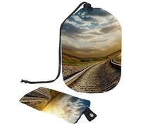 Trousse de maquillage avec cordon de serrage en forme de tonneau, trousse de toilette pliable, pochette de rangement pour femmes et filles - Belle piste de train, coucher de soleil et montagne,