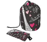 Trousse de maquillage avec cordon de serrage, en forme de tonneau, trousse de toilette pliable, pochette de rangement pour femmes et filles - Bonjour Paris, multicolore, Taille unique, Trousses de