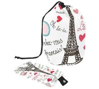 Trousse de maquillage avec cordon de serrage en forme de tonneau, trousse de toilette pliable, pochette de rangement pour femmes et filles - Bonjour Paris Voyage français, multicolore, Taille unique,