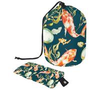 Trousse de maquillage avec cordon de serrage en forme de tonneau, trousse de toilette pliable, pochette de rangement pour femmes et filles - Carpe dorée, poisson, nénuphar, multicolore, Taille unique,