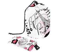 Trousse de maquillage avec cordon de serrage, en forme de tonneau, trousse de toilette pliable, pochette de rangement pour femmes et filles - Bonjour Paris avec lèvres, verre à vin, multicolore,