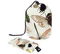 Trousse de maquillage avec cordon de serrage, en forme de tonneau, trousse de toilette pliable, pochette de rangement pour femmes et filles - Libellule, papillon, taureau, démon insecte, multicolore,