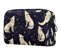 Trousse de maquillage avec fermeture éclair et motif loups hurlants constellations pour femme, trousse de toilette de voyage, grande pochette de maquillage pratique, multicolore, 18.5x7.5x13cm