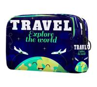 Trousse de maquillage avec fermeture éclair pour femme Motif dessin animé Exploration du monde en avion, multicolore, 18.5x7.5x13cm/7.3x3x5.1in, Trousse de toilette