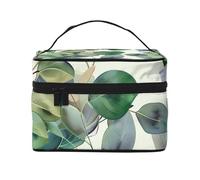 Trousse de maquillage avec impression de feuilles d'eucalyptus vertes pour femme - Trousse de maquillage portable de voyage avec pochette intérieure et poignée, Noir , Taille unique, Trousse de