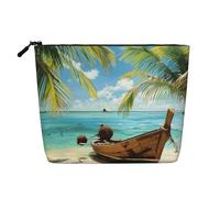 Trousse de maquillage avec impression paysage marin coucher de soleil pour femme, grande capacité, sac de toilette pour voyage, usage quotidien, Seaside Boat Feuilles de noix de coco, One Size