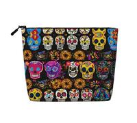 Trousse de maquillage avec imprimé crâne rose pour femme, trousse de maquillage en faux lin, grande capacité, parfaite pour les voyages et un usage quotidien, Noir , Taille unique