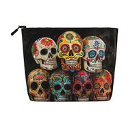 Trousse de maquillage avec imprimé crânes en sucre pour femme, trousse de maquillage en faux lin, grande capacité, parfaite pour les voyages et un usage quotidien, Noir , Taille unique