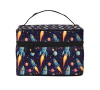 Trousse de maquillage avec imprimé fusée spatiale de dessin animé, trousse de toilette mignonne pour femme, grande trousse de maquillage de voyage