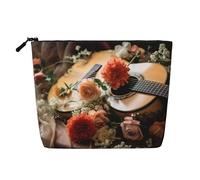 Trousse de maquillage avec imprimé guitare et fleurs pour femme, trousse de maquillage en faux lin, grande capacité, parfaite pour les voyages et un usage quotidien, Noir , Taille unique