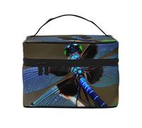 Trousse de maquillage avec imprimé libellule noire et bleue pour femme - Trousse de voyage portable avec pochette intérieure et poignée