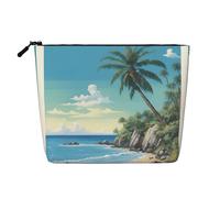 Trousse de maquillage avec imprimé palmier et rivage rocheux pour femme, trousse de maquillage imitation lin, grande capacité, parfaite pour les voyages et un usage quotidien, Noir , Taille unique
