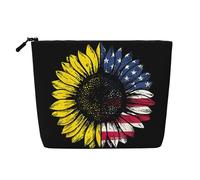 Trousse de maquillage avec imprimé tournesol drapeau américain pour femme, grande capacité, trousse de maquillage de voyage, pochette à fermeture éclair