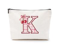 Trousse de maquillage avec lettre A-Z monogrammée pour filles, femmes, joueuses, entraîneurs, amants de Noël, cerise, 9.6 x 7.4 inches, K