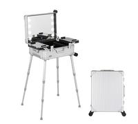 Trousse de maquillage avec lumière LED - Organiseur cosmétique professionnel avec support roulant - Station de toilette éclairée, Rayures argentées, 58X45X23cm