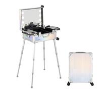 Trousse de maquillage avec lumière LED - Organiseur cosmétique professionnel avec support roulant - Station de toilette éclairée, Rayures éblouissantes, 52x40x22.5cm