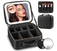 Trousse de maquillage avec miroir et lumière - 3 couleurs réglables - Trousse de maquillage avec miroir rechargeable - Séparateurs réglables à 2 couches et miroir grossissant amovible, Noir ,