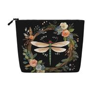 Trousse de maquillage avec motif de libellule dans une couronne pour femme, imperméable, en lin, organiseur de voyage léger à fermeture éclair, trousse de toilette de voyage, sac de rangement pour