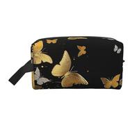 Trousse de maquillage avec poignée et motif papillons blancs dorés et noirs, rangement compact et léger pour maquillage, articles de toilette et gadgets, organiseur de maquillage pour voyage, école