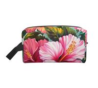 Trousse de maquillage avec poignée - Motif fleurs d'hibiscus - Léger et compact - Pour le maquillage, les articles de toilette et les gadgets - Organiseur de maquillage pour voyage, école, travail