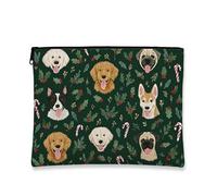 Trousse de maquillage avec visages de chien, pochette de voyage verte pour femme, petite trousse de toilette portable en toile avec fermeture éclair, trousse de toilette de Noël, vert, 7x9 Inch