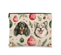 Trousse de maquillage avec visages de chien, portrait d'animaux de vacances, pochette de voyage pour femme, petite pochette portable en toile à fermeture éclair, trousse de toilette de Noël, Beige