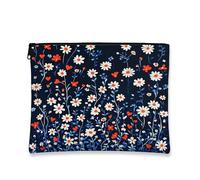 Trousse de maquillage bleu marine avec motif fleurs sauvages, marguerites florales, sac de maquillage de voyage pour femme, petite trousse portable en toile à fermeture éclair, organisateur cadeau de