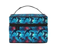 Trousse de maquillage bleue et rouge avec imprimé requins marteaux, trousse de toilette, trousse de maquillage mignonne pour femme, grande trousse de maquillage de voyage