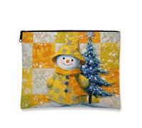 Trousse de maquillage bonhomme de neige, pochette de voyage vintage festive pour femme, organiseur portable en toile avec fermeture éclair, trousse de toilette pour vacances d'hiver, jaune, 7x9 Inch