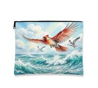 Trousse de maquillage Cardinal Bird - Paysage frais de la mer, de l'océan et des vagues - Pochette de voyage pour femmes et filles - Petite trousse de toilette portable en toile avec fermeture éclair