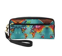 Trousse de maquillage - Carte du monde en cuir - Petite trousse de maquillage pour voyage, trousse de toilette avec pochette à fermeture éclair, noir, One Size