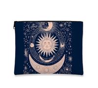 Trousse de maquillage céleste, pochette de voyage cosmique vintage soleil et lune pour femme, petite toile portable avec fermeture éclair, cadeau d'astronomie pour festivals, bleu marine, 7x9 Inch