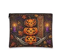 Trousse de maquillage citrouilles d'Halloween avec citation de bienvenue | Mains de squelette, trousse de maquillage, bougies violettes, feuilles d'automne, décoration saisonnière effrayante