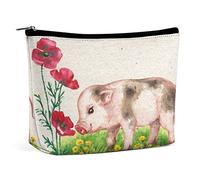 Trousse de Maquillage Cochon Coquelicots Vintage en Cuir PU Trousse de Maquillage étanche pour Sac à Main/Trousse de Maquillage/Trousse de Toilette Aquarelle Fleurs drôle Trousse de Maquillage de Vo