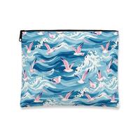 Trousse de maquillage côtière en forme de mouette côtière, pochette de voyage artistique avec vagues bleues pour femme, petite toile portable avec fermeture éclair, bleu, 7x9 Inch, Mouette côtière
