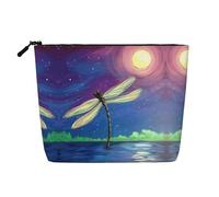 Trousse de maquillage de grande capacité imprimée libellule en lin synthétique à une seule couche - Organiseur de soins personnels - Convient pour diverses occasions