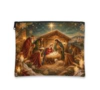 Trousse de maquillage de Noël avec scène religieuse 17,8 x 22,9 cm | Paysage stable détaillé, pochette de maquillage zippée, accents d'étoiles dorées, atmosphère religieuse sereine