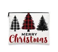 Trousse de maquillage de Noël Buffalo Check - Motif arbres rustiques - Pochette de voyage pour femme - Organiseur portable en toile avec fermeture éclair - Trousse de toilette de vacances, Blanc, 7x9