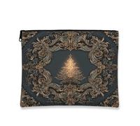 Trousse de maquillage de Noël vintage, arbre doré orné, pochette de voyage pour femme, petite pochette portable en toile à fermeture éclair, trousse de toilette pour les vacances, doré, 7x9 Inch, Noël