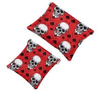 Trousse de maquillage de poche pour femme - En cuir imperméable - Sans fermeture éclair - Fermeture automatique - Mini sac pour sac à main - Motif tête de mort et carte à jouer - Rouge, multicolore,