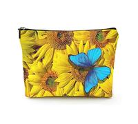 Trousse de Maquillage de qualité supérieure Sacs à cosmétiques de Voyage en Lin pour Femmes, Papillon Morpho Tropical Bleu Vif sur des Fleurs de Tournesol colorées, étui à cosmétiques Durable