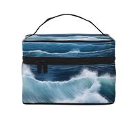 Trousse de maquillage de voyage à rabat avec poignée pour femme - Motif lotus rose vif - Paysage marin bleu - Taille unique