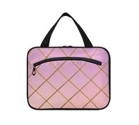 Trousse de maquillage de voyage à suspendre avec crochet - Motif grille dorée - Dégradé rose - Trousse de maquillage tendance pour femme - Taille L