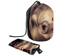 Trousse de maquillage de voyage avec cordon de serrage pour femme, sac de voyage pliable avec motif rhinocéros marron, Rhino marron, 9.9x6.9in/25.2x17.6cm;6x3.5in/15.2x8.8cm, Élégant